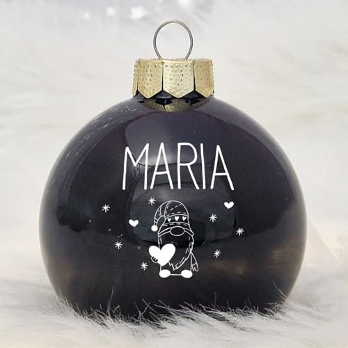 Personalisierte Weihnachtskugel aus Echtglas, 8 cm mit Deinem Namen & Wunschmotiv (08_Schwarz, Wichtel)