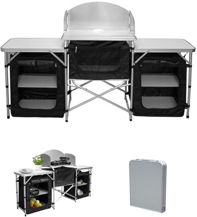 Hebitod Cocina de camping, armario de camping plegable con protección contra salpicaduras, bolsa de transporte, incluye muebles de camping, cocina de camping al aire libre, con estructura de aluminio,
