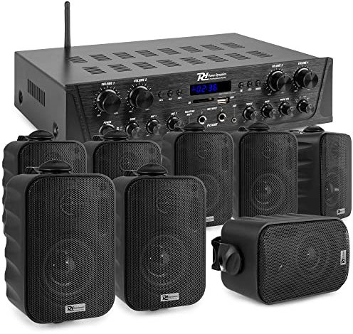 Power Dynamics Komplette Lautsprechereinrichtung, Lautsprecher Installation, 8X Stereo Speaker BG030, 100 Watt, 4 Zonen Verstärker PV240BT, Lautsprecher System, Bluetooth Soundsystem
