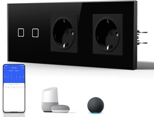 BSEED Smart Touch Lichtschalter,Glas Schalter Unterputz,Wandlichtschalter mit LED Hintergrundbeleuchtung,Neu E-Serie,16A 250V,2 Fach 1 Weg + 2 Steckdose,228mm Schwarz
