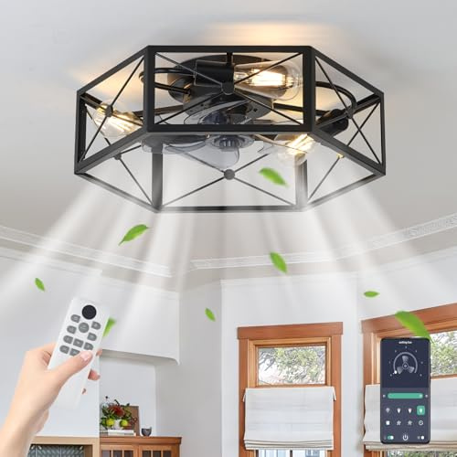 LMiSQ 50cm Deckenventilator Hexagon Eisenkunst Industrieller Decken Ventilator Leise 6 Luft Umkehrbar App Deckenventilatoren E27 Fassungen 1/4/8h Timer Deckenlüfter Schlafzimmer(Nein Glühbirnen)