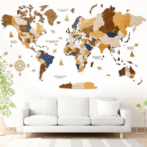 WOW WOOD Mapamundi con Pines en Español - Madera 3D de Colores, 160 cm | Nombres en español, 5 tonos tierra, 160x85 cm, 324 marcadores con banderas, montaje adhesivo