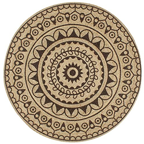 QUAHEAS Handgefertigter Jute Teppich, 150 cm Durchmesser, Natur mit Dunkelbraunem Blumenmuster, runder Wohnzimmer Teppich, strapazierfähig