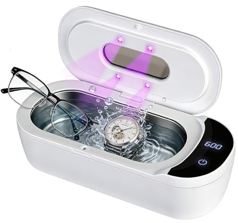 ERWEY Ultraschallreinigungsgerät 400ml, Ultraschallreiniger 48000Hz UV, Brillenreinigungsgerät Zahnschiene Reinigung, Ultraschallgerät für Zahnersatz Schmuck Uhren, Weiß