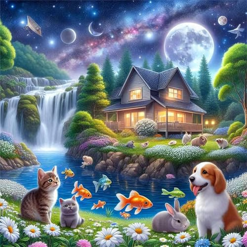 80 Teile Puzzle Für Erwachsene,Tiere in der Wasserfallhütte DIY Kunst Puzzle Schwierigkeitsgrad,Lernspiele,Familien Dekompressionsspiel für Home Decor Geschenke
