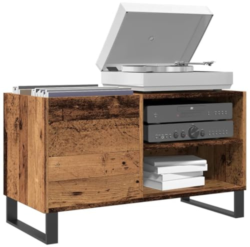 SooIarix Record Cabinet Old Wood Finish, 84.5x38x48 cm Engineered Wood Vinyl Storage, Stable TV Stand for Living Room Entertainment