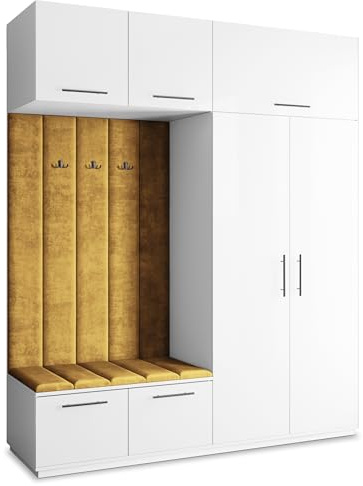 Masseno Flugarderoben Set Rema, Kleiderschrank-Set mit Sitzbank, Garderobenschrank Flur mit 5 Regalböden, Weiß