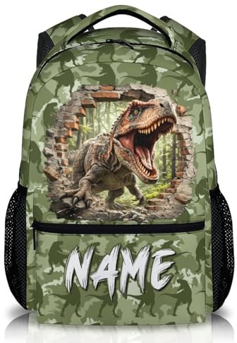 CustomWish Schulrucksack Jungen Personalisiert mit Namen - Dino Rucksack Kinder - Dinosaurier Motiv, Kindertasche für die Grundschule, Backpack for Boys