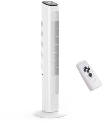 ROVSUN 34'' Oscillating Tower Fan with Remote Control - 23 ft/s Velocity Quiet Electric Cooling, 60° Oscillation, 9H Timer, 3 Speeds & 3 Modes, LED Display, Slim Design for Bedroom Home Office, White