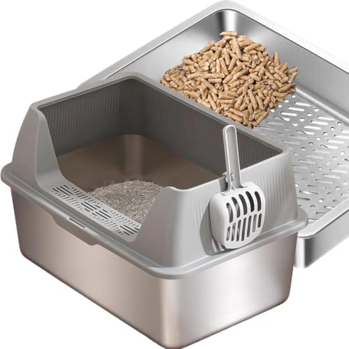 Stainless Steel Sifting Cat Litter Box Metal 3-Tier Sifter Litter Pan, Metal Cat Litter Box Cat Litter Tray Sifter Litter Tray for Pine Pellet Cat Litter
