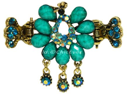 Schöner Haargreifer Pfau in Vintage-Look, aus Metall, Strass & Acryl, Haarklammer Haarspange, grün, türkis, gold, 8171