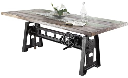 MASSIVMOEBEL24.DE | Industrial höhenverstellbarer Esstisch aus Massivholz #26 | aus Altholz - Mehrfarbig, lackiert | + Tischbeine aus Eisen | 260x100x75-105 cm | Massivholztisch