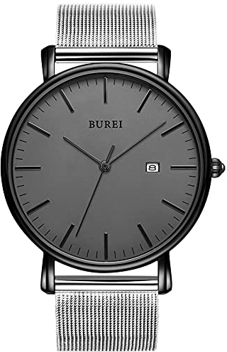 BUREI Ultra Dünne Uhren Herren Schwarze Analoges Datum Armbanduhr Herren mit Japanisches Quarzwerk, Geschenke für Männer