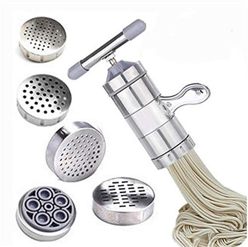 Manual Pasta Maker, Stainless Steel Noodle Machine for Making Fresh Fettuccine Spaghetti Lasagne Dough Roller Cutters Noodle(1 x Maker + 5 x Mold)