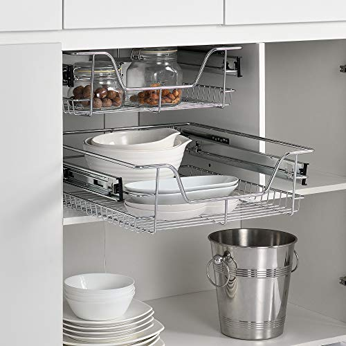 2 x Cesto Extraíble para Armario de Cocina o Baño 47 x 44 x 14 cm Con Rieles Telescópicos Cajón para Almacenar Set de Bandejas de armario Color plata