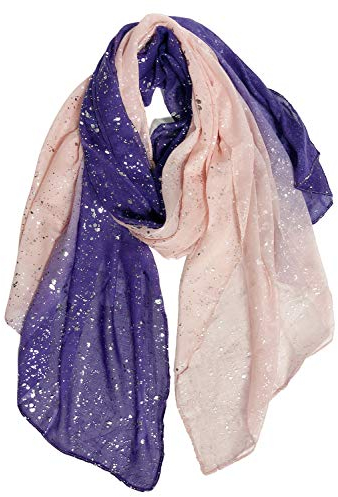 DAMILY Femmes Argent Plume Paillette Imprimé Écharpe Foil Print Foulard Wraps Daily Châle Rose Gris (Violet)