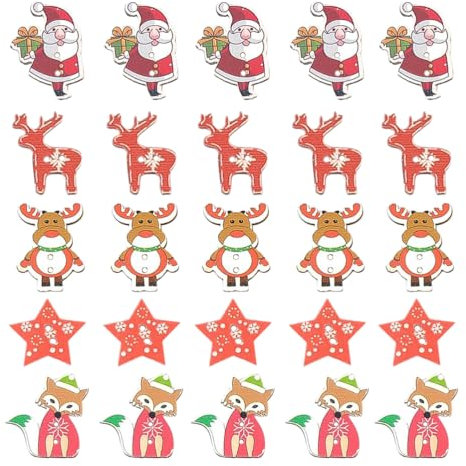 Amosfun 50 Stücke Weihnachten Knöpfe Holz Weihnachtsmann Holzknöpfe Stern Holzscheiben Rentier Fuchs Kinderknöpfe Tischdeko Streudeko für Kinder Basteln Nähen Scrapbooking DIY Geschenk