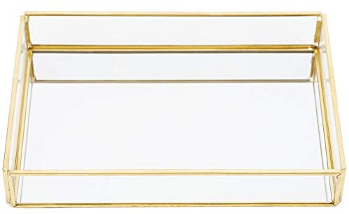 Elprico Schmuckschatulle, Vintage Metall Glas Aufbewahrungsschachtel Gold Tablett Rechteck Dekorative Tablett Schmuck Kosmetik Vitrinen für Bad(Rectangular medium)