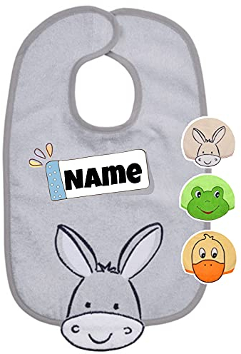 Baby Lätzchen mit Klettverschluss | Baby Latz | bestickt mit Namen | Lätzchen personalisiert | Spucktücher Baby | Baby Erstausstattung (Esel grau)