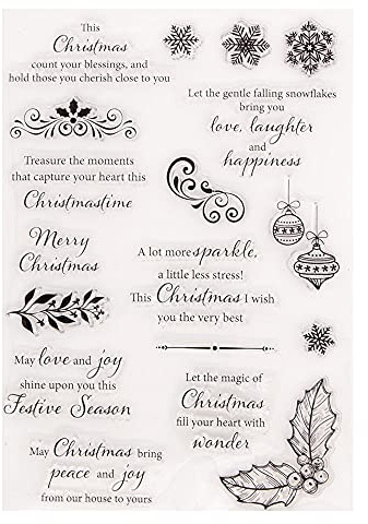 arriettycraft Merry Christmas Happy New Year Verses Phrase Berry Branch Baubles Snowflakes Rubber Stamps Clear Stamps for CHRISTMAS Card Making Decoration and DIY Scrapbooking Rubber Stamps for Crafts