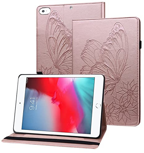 Rostsant Funda iPad Mini 7.9 Pulgada 1/2/3/4/5 Carcasa de Cuero PU Relieve de Mariposa con Soporte para Bolígrafo Funda Tableta para iPad Mini 7.9 Pulgada 1/2/3/4/5 - Oro Rosado