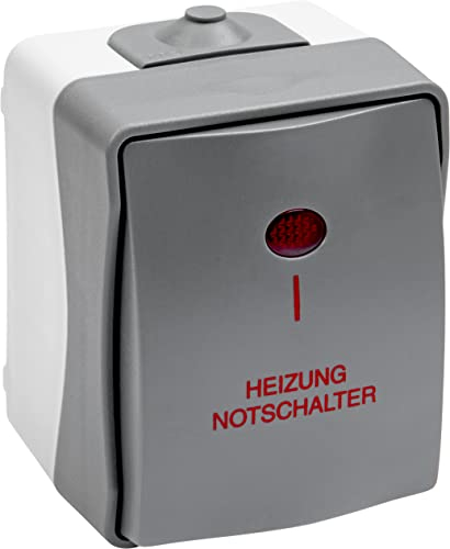 Meister Heizungsnotschalter Cave 1-fach - Aufputz-Montage - Mit Kontrollleuchte - IP44 Spritzwasserschutz für Feuchtraum - Bis Leitungsquerschnitt 2,5 mm² - Grau / Feuchtraum-Lichtschalter / 7407100