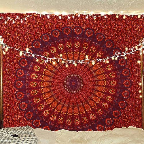 Bless International Indischer Hippie Bohemian Psychedelic Peacock Mandala Wandbehang Bettwäsche Tapisserieoth (Golden Brown Maroon,King(88x104Inches)(225x265Cms))