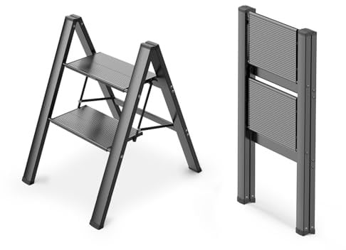 WOA WOA 2-stufige Leiter, Faltbarer Tritthocker, Aluminium, leichte Leiter für Zuhause, Küchenschrank, rutschfeste Pedale, einfach zu Falten, tragbar, 136 kg Kapazität, Schwarz