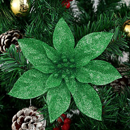 Yueshop 10 Pcs Glitter Christmas Flowers with Artificial Poinsettia Flower Christmas Tree Flower Decorations Xmas Tree Ornaments (Green, 15CM)