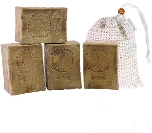 TUMELO Original Aleppo Seife 4 x 200g (800g) 80% Olivenöl 20% Lorbeeröl + Sisal Seifensäckchen, handgemachte Olivenölseife Naturseife