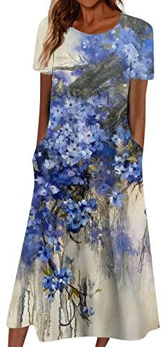 Azruma Damen Sommerkleid Erstkommunion Kleid MäDchen Abendkleid Kurz Frauen Boho Drucken Rundhals Kurzarm Swing Lange Tunikakleid Mit Taschen Kapuzenpullover Damen (6-Blue, S)