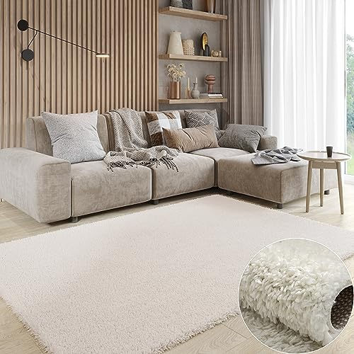 MY-RUG Teppich Shaggy Star Hochflor rechteckig Creme 180 x 120 cm - Esszimmer Teppich, Flauschiger Teppich, Modern