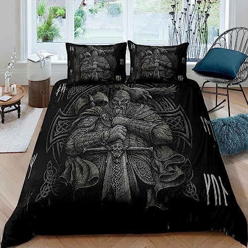 WIKINGER Bettwäsche 135x200 cm 2teilig Jungen 100% Mikrofaser Sommer Weiche Winter Warm Kinder Bettbezüge mit Reißverschluss 3D Vintage Viking Bettbezug mit Kissenbezüge 80x80 cm