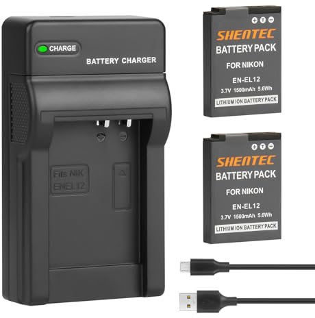 2X Shentec 3.7V 1500mAh Li-ION Batteries EN-EL12 en EL12 pour Nikon Coolpix P300 P310 P330 S630 S640 S800c S1200pj S6000 S6100 S6150 S6200 S8200 S9050 S9400 AW120 AW120s