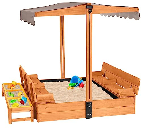 Aivituvin Kids Sand Boxes with Canopy Sandboxes with Covers Foldable Bench Seats, Children Outdoor Wooden Playset - Upgrade Retractable Roof (Wood, L- withToy Bins)