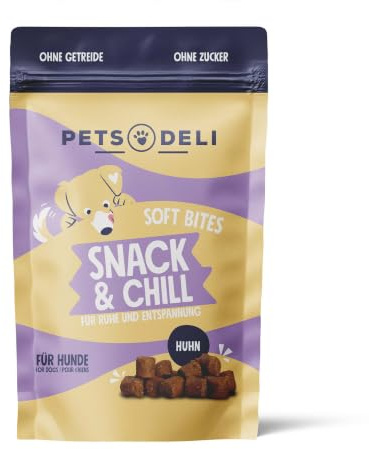 Pets Deli Snack & Chill Snack für Hunde mit Huhn, 300g | Mit Baldrian, Melisse & Lavendel zur Beruhigung, getreidefrei, ohne Zucker, Premium Qualität