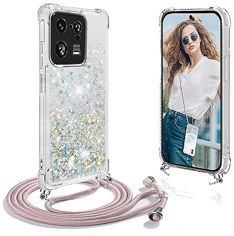 Ptny HandyHülle kompatibel mit Xiaomi 13 4G Hülle mit Band zum Umhängen, Glitter Handyhülle Flüssig Treibsand, Handyhülle Stoßfest Silikon Transparent Hülle mit Kette