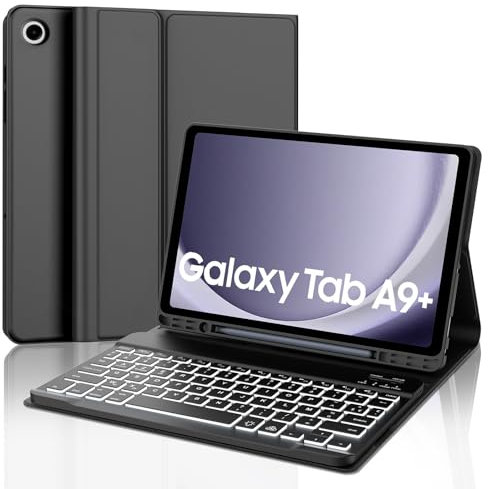 JADEMALL Coque Clavier pour Samsung Galaxy Tab A9+ 11 2023, AZERTY Français Clavier Rétro-éclairé Détachable Coque avec Pen Holder pour Samsung Galaxy Tab A9 Plus 11 2023, Noir