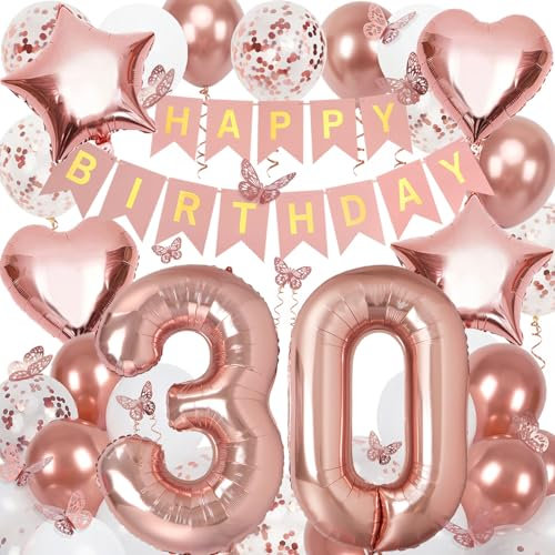 30th Birthday Decorations for Women, Rose Gold 40 Inch Number 30 Foil Birthday Balloons with Happy Birthday Banner and Butterfly Stickers