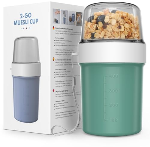 Jim's Store Breakfast Cereal Cup 2 in 1 To-go Yogurt Pot Leakproof Overnight Oats Jar Breakfast Storage Container BPA Free for School Office Travel Picnic - 560ml+310ml (Green)