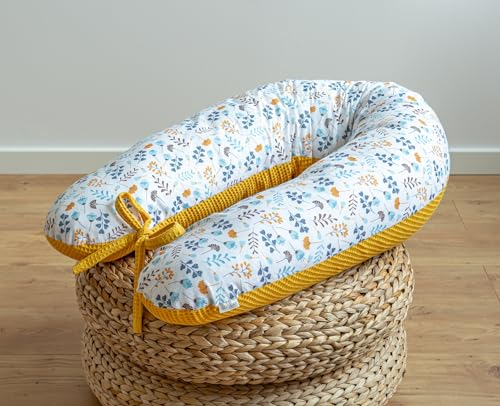LOOLAY Schwangerschaftskissen - Stillkissen 170 cm - Seitenschläferkissen 100% Baumwolle - mit Abnehmbarem Bezug - Ergonomisches Schwanger Kissen für Schlafen (Senfgelb Waffel/Turkis-Gelb Wiese)