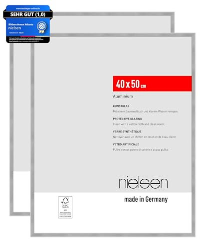 nielsen Bilderrahmen, 40 x 50 cm (2er Set), Aluminium, Silber matt, Posterrahmen zum Aufhängen im Hoch- & Querformat, bruchsicheres Kunstglas, Atlanta