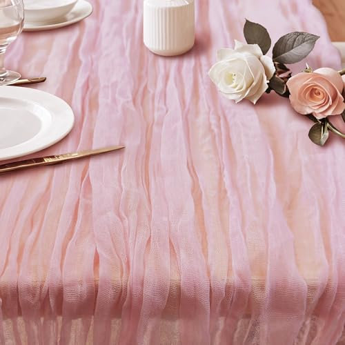 AlaTyche Chemin de Table en Étamine, 89 x 304 cm, Gaze Bohème Rustique pour Fête Prénatale, Prénuptiale et Décoration d'Anniversaire (Rose Pâle)
