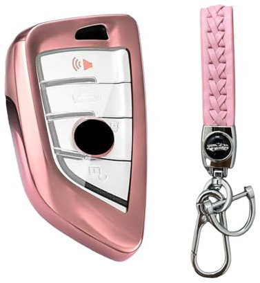 MEDZUK Schlüsselhülle Kompatibel mit BMW 2er Active Tourer F45 | Gran Tourer F46 2015-2021 Autoschlüssel Hülle Schutz Zubehör , TPU Schlüsselgehäuse mit Schlüsselanhänger (Rosa)