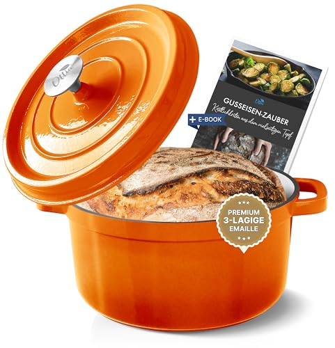 Ottia Gusseisen Topf, 26 cm, 5 Liter, Premium Emaille, Schmortopf Bräter mit Deckel, Gusseisentopf, Dutch Oven, Brotbackform, Brotbacktopf, alle Herdarten (auch Induktion), ofenfest, Händler aus HH