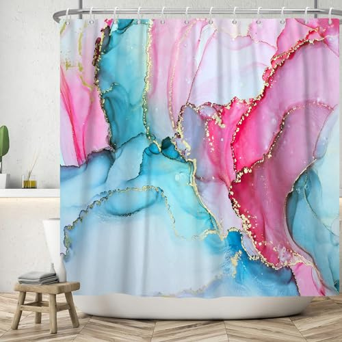 ASDCXZ Marmor Duschvorhang 150x180 cm, Modern Abstrakt Blau Rosenrot Gold Marmor Optik Textur Waschbar Bad Duschvorhänge Polyester Textil Wasserdicht Duschvorhang für Badewanne mit 12 Haken