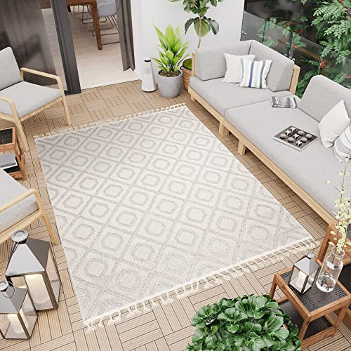 TAPISO Timber Teppich Outdoor Creme Terasse Balkon Indoor Modern Sisaloptik mit Fransen Flachgewebe Wasserfest Robust UV-Beständig ÖKO-TEX 140 x 200 cm