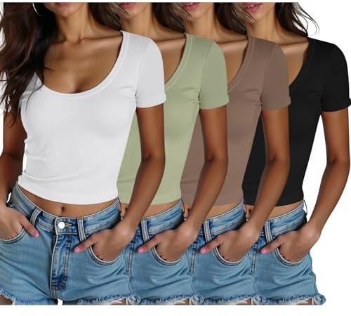 4 Pack Women Scoop Neck Short Sleeve T Shirts Cotton Basic Crop Tops Slim Fitted Gym Sports Shirts for Women, Black,White,Olive Green,Coffee, L