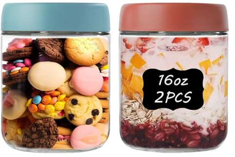 Glass Jars with Lids 2 Pack 16oz Overnight Oats Snack Pudding Yogurt Container Cereal Salad Meal Prep Portion Control Food Storage Cups Bowls Airtight with Stickers and Marker