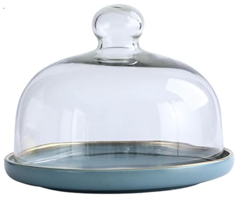 HOUSN Kuchenhaube Keramik Kuchenplatte Glas, Kuchenglocke Ständer Tortenständer Glashaube Lebensmittel Abdeckung Für Hochzeit Geburtstag Party,Blau,15cm